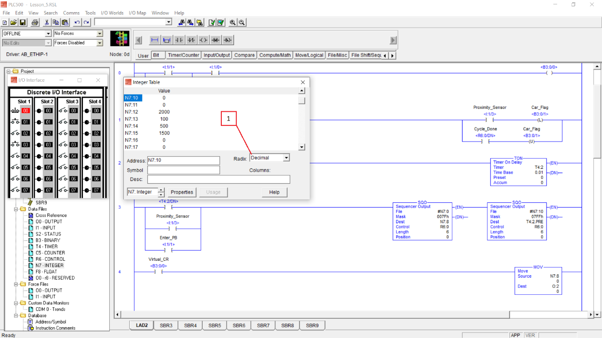 PLCLogix N7 Integer data table in Decimal radix showing stationary carwash cycle timing values