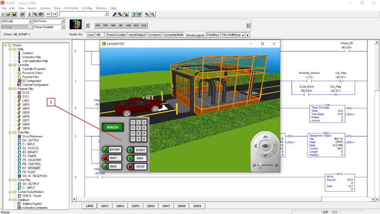 PLCLogix Stationary Carwash 3D environment open beside the ladder program