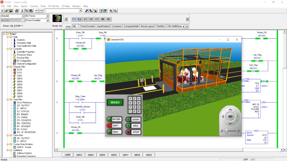 PLCLogix stationary carwash running online with a car inside the 3D wash environment