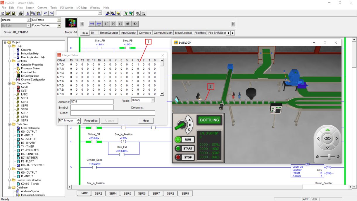 PLCLogix Lesson 6 running online with the N7 integer table, ladder logic, bottle counter and 3D bottling-line environment visible together