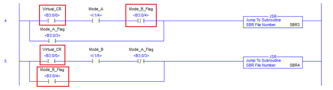 PLCLogix mainline Mode A and Mode B JSR rungs with virtual control relay, Mode A Flag and Mode B Flag cleanup interlocks