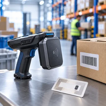 Handheld RFID reader, barcode-labeled carton, and RFID antenna tag